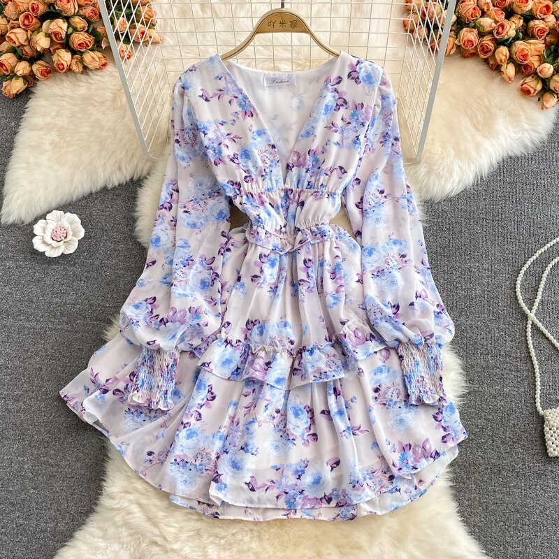Women's Green/Purple/Beige Floral Chiffon Dress Bohemian V-Neck Lantern Long Sleeve High Waist Ruffle Vestidos Female New