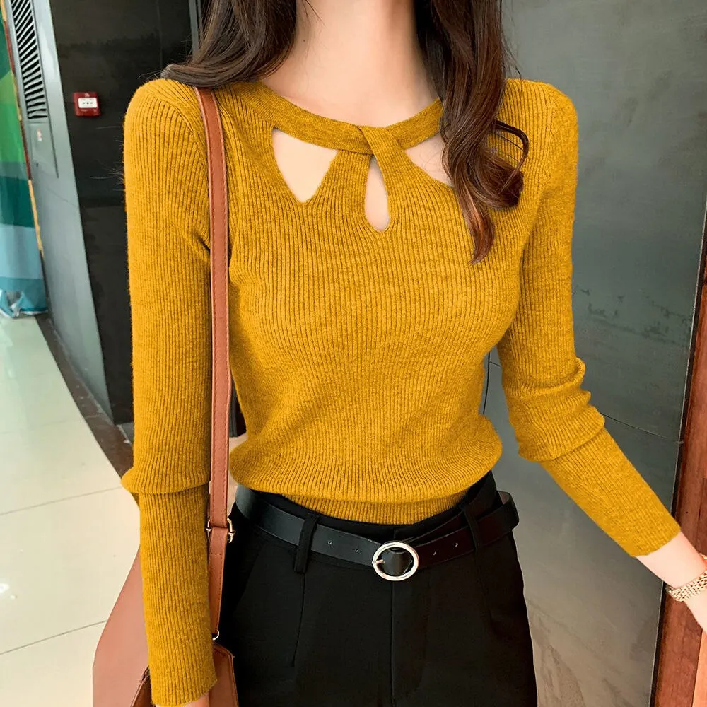 Maxct Winter Hollow Out Sexy Solid Sweater Ladies Elegant Fashion Slim Bottoming Knitting Pullover Tops Women Casual Jumper