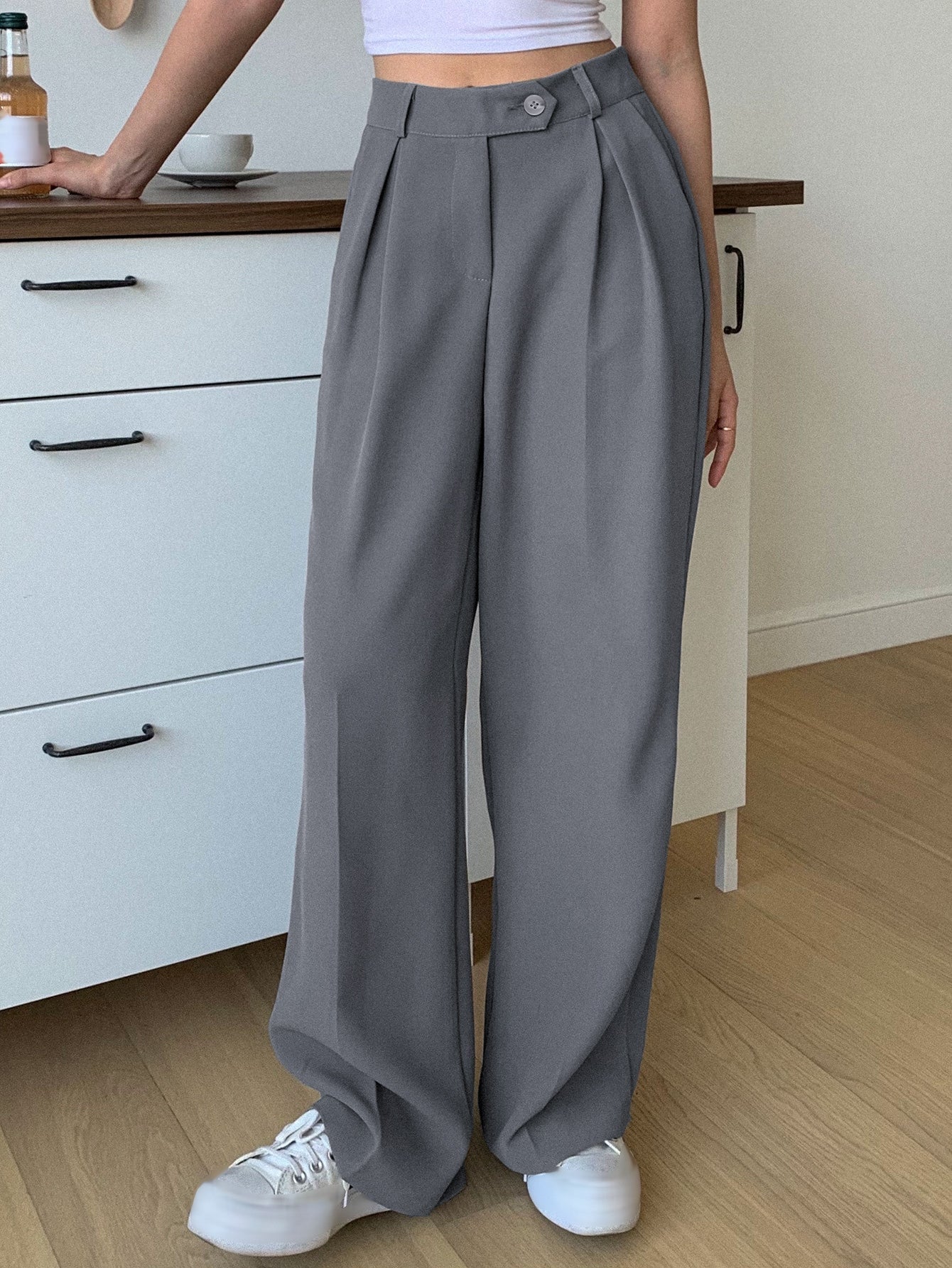 Maxct 1pc High Waist Slant Pockets Tailored Pants