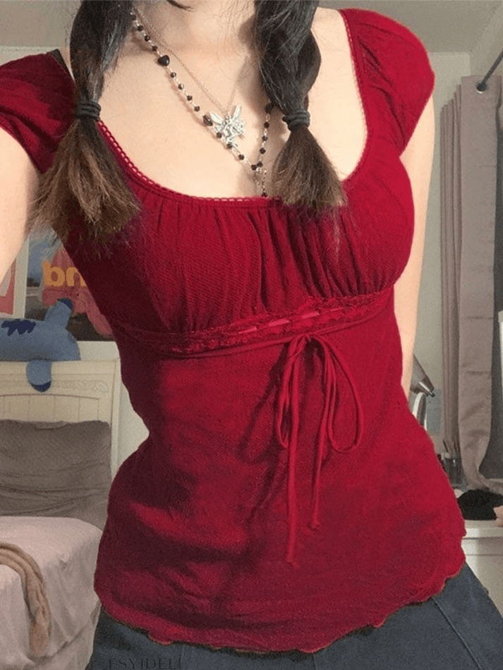 Maxct Vintage Tie Front Lace Trim Blouse