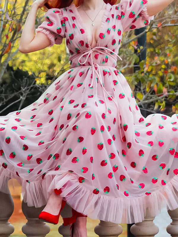 Sequined Strawberry Mesh Pleated Maxi Dress Maxct