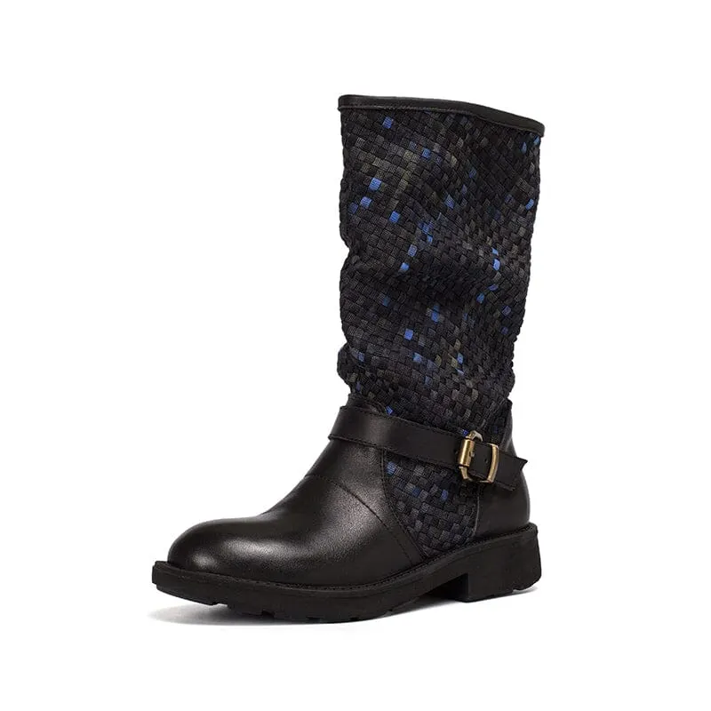 Woven Boots Mid Calf Color Blocking Design Riding Boots Maxct