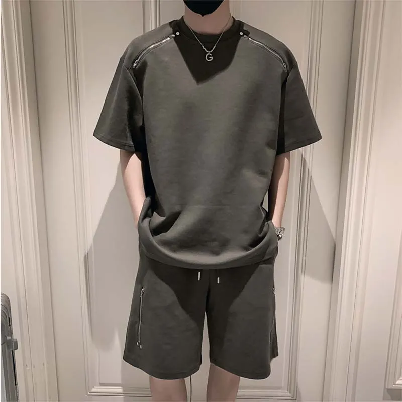 Maxct Zip Trim Short Sleeves Shorts Casual Two-Piece Suits