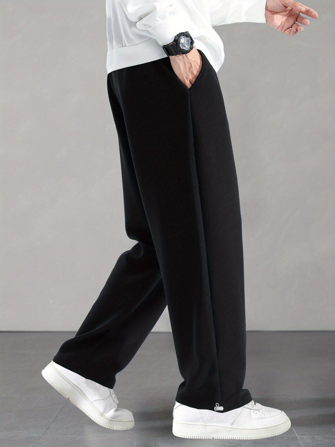 Maxct  Drawstring Hem Design, Men's Loose Straight Leg Long Pants