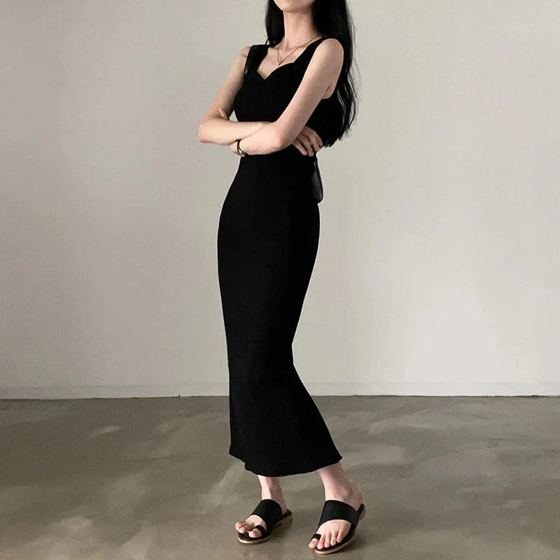 Basic Knit Long Dress Korean Square Collar Sleeveless Dresses Casual Y2k Vintage All-match Outftis Maxct