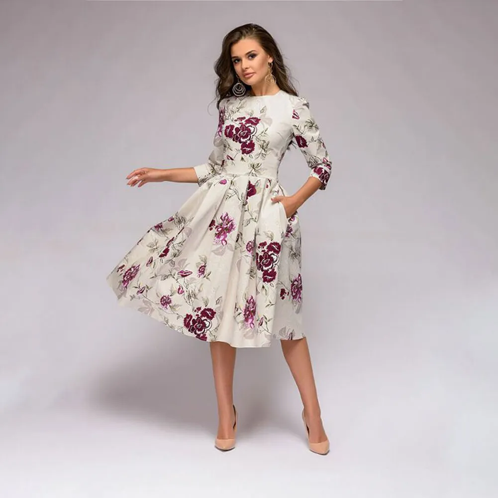 pleated tunic print dress women Elegant ladies A line dresses Long sleeve female autumn mixi party dress vestidos