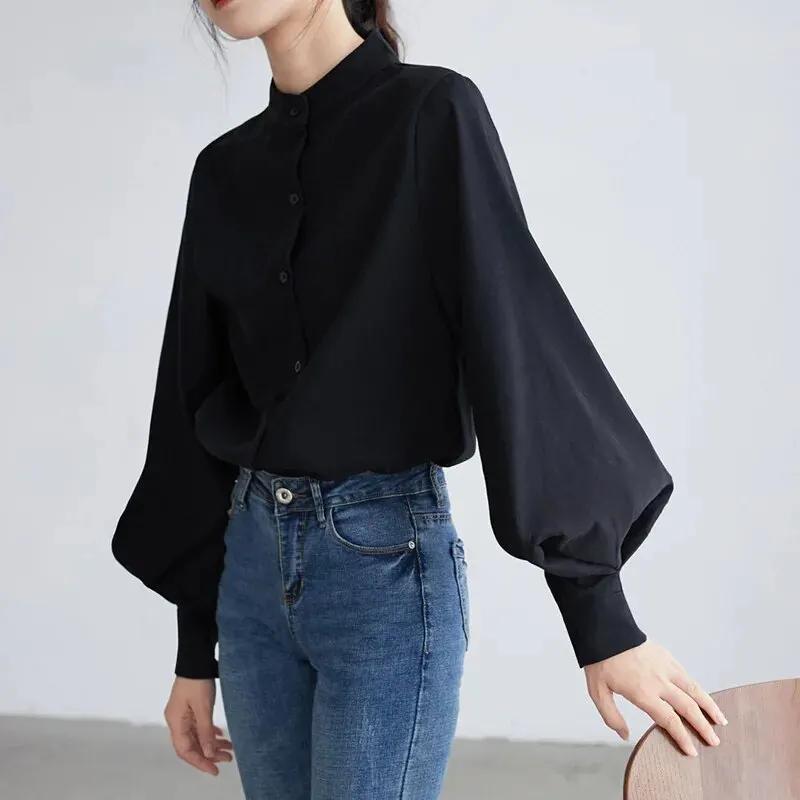 Maxct Lantern Sleeve Blouse Women Spring Fashion Single Breasted Stand Collar Shirts Female Office Work Blouse Solid White Tops