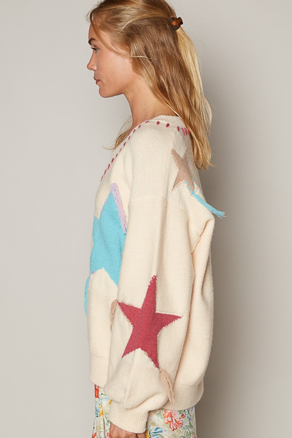 Maxct &POL V-Neck Long Sleeve Star Fringe Sweater