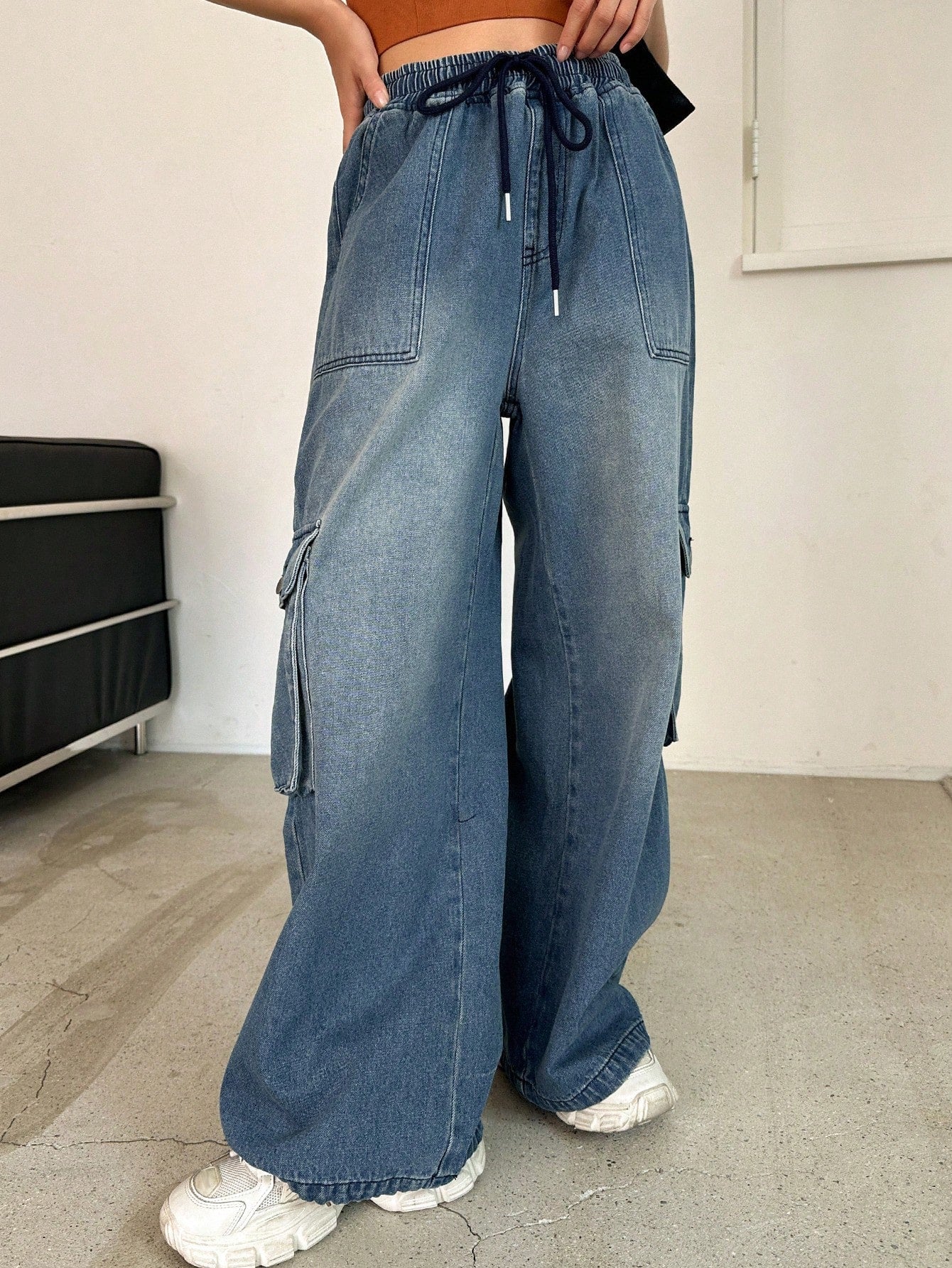 Maxct Drawstring Waist Flap Pocket Side Cargo Pants