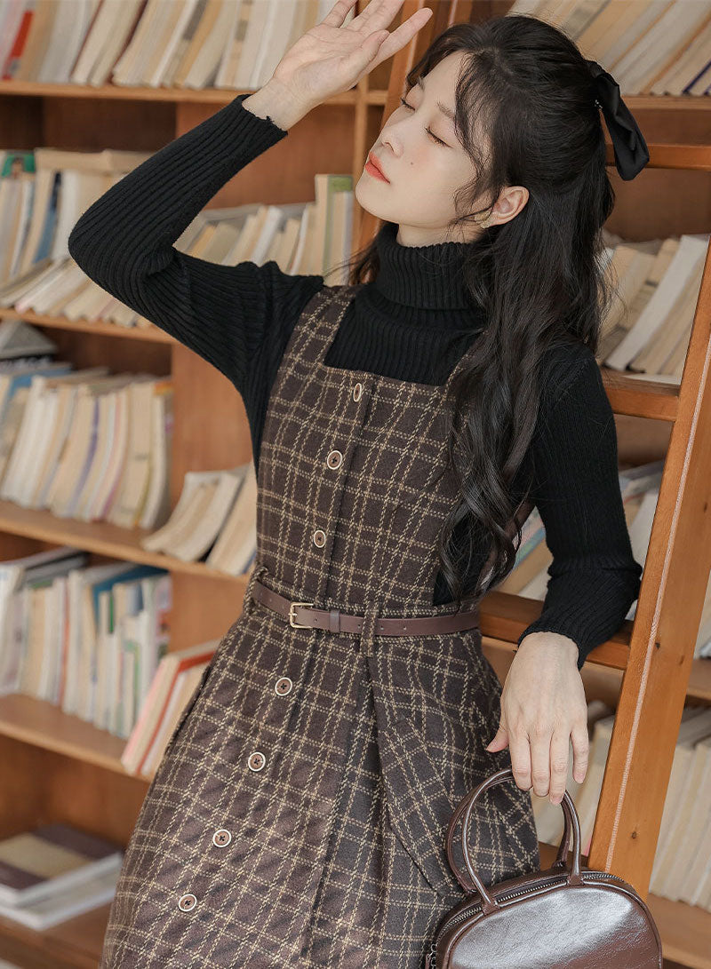 Button Up Plaid Pinafore Dress Maxct