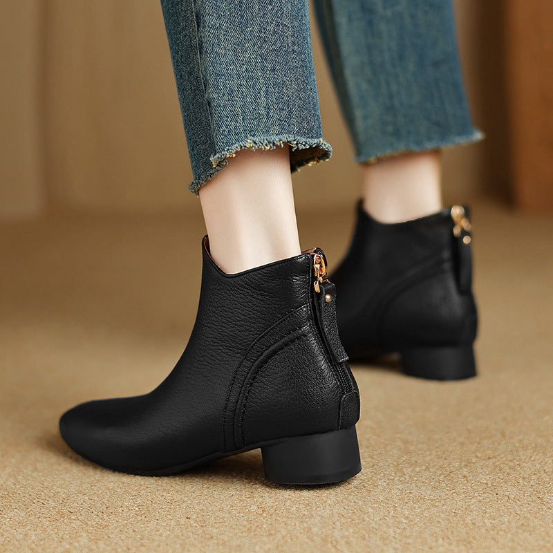 Retro Autumn Sheepskin Leather Chunky Zipper Ankle Boots