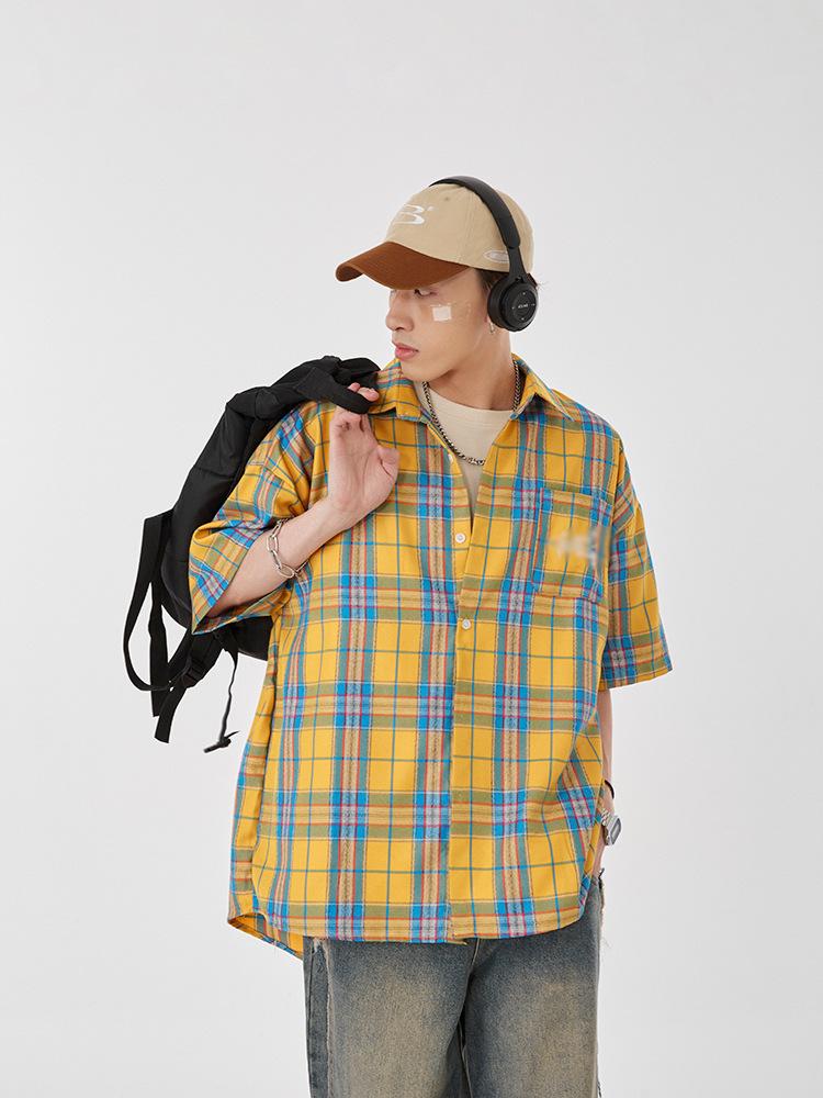 Maxct 90s Streetwear Fashion Retro Contrast Color Plaid Shirt Women's Summer New Letter Embroidered Design Casual Half Sleeve Coat Top