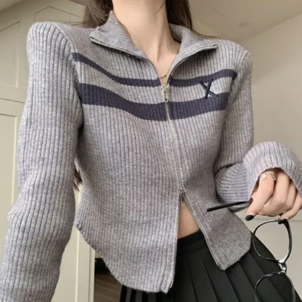 Maxct Vintage Striped Zip Up Cropped Cardigan