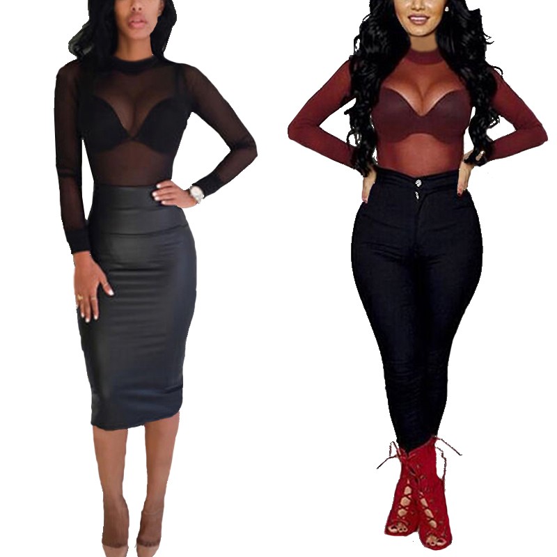 Maxct Women Blouses See Through Transparent Mesh Stand Neck Long Sleeve Sheer Blouse Shirt Ladies Tops Tee - Image 3