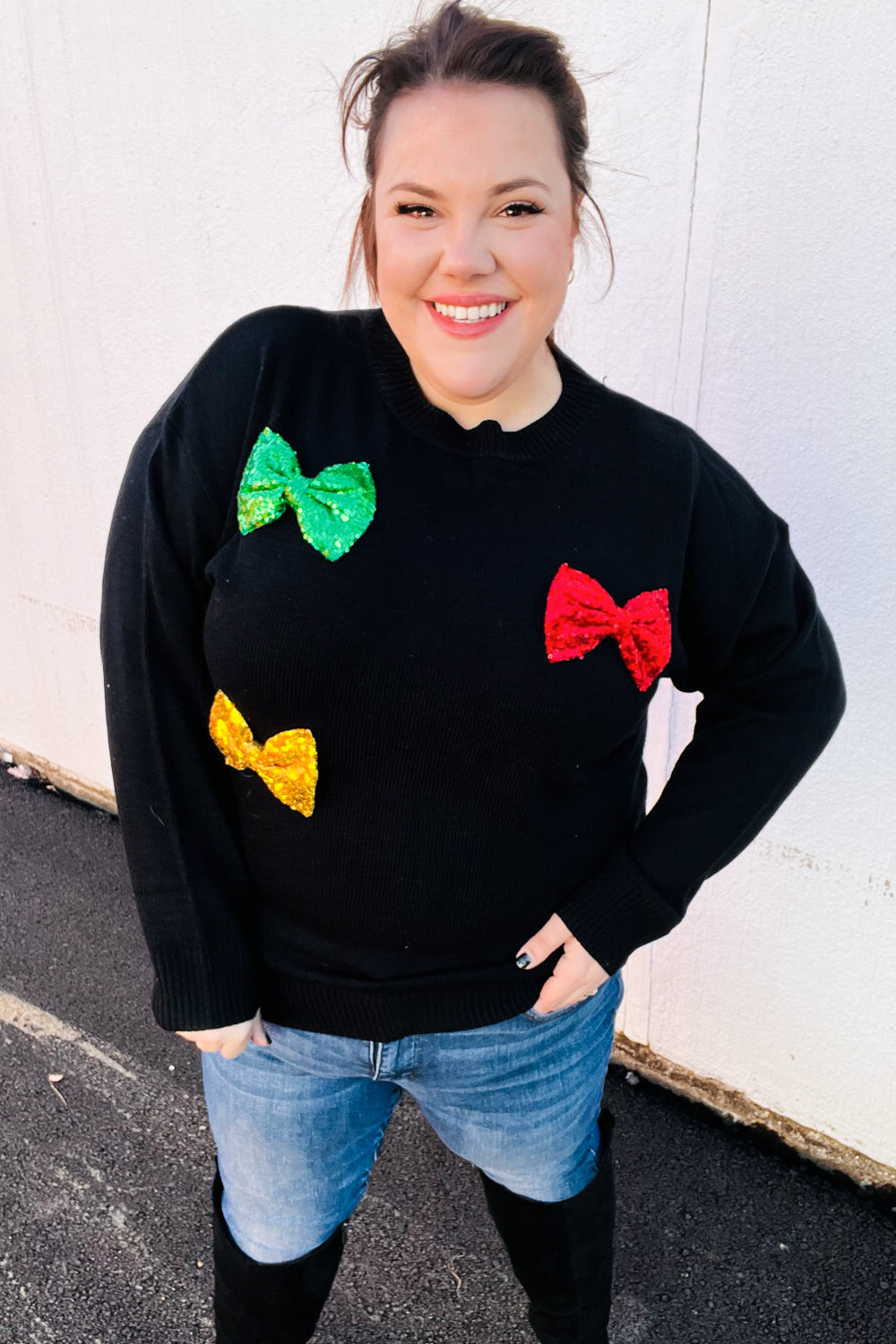 Maxct &Be Merry Black Multicolor Sequin Bow Knit Sweater