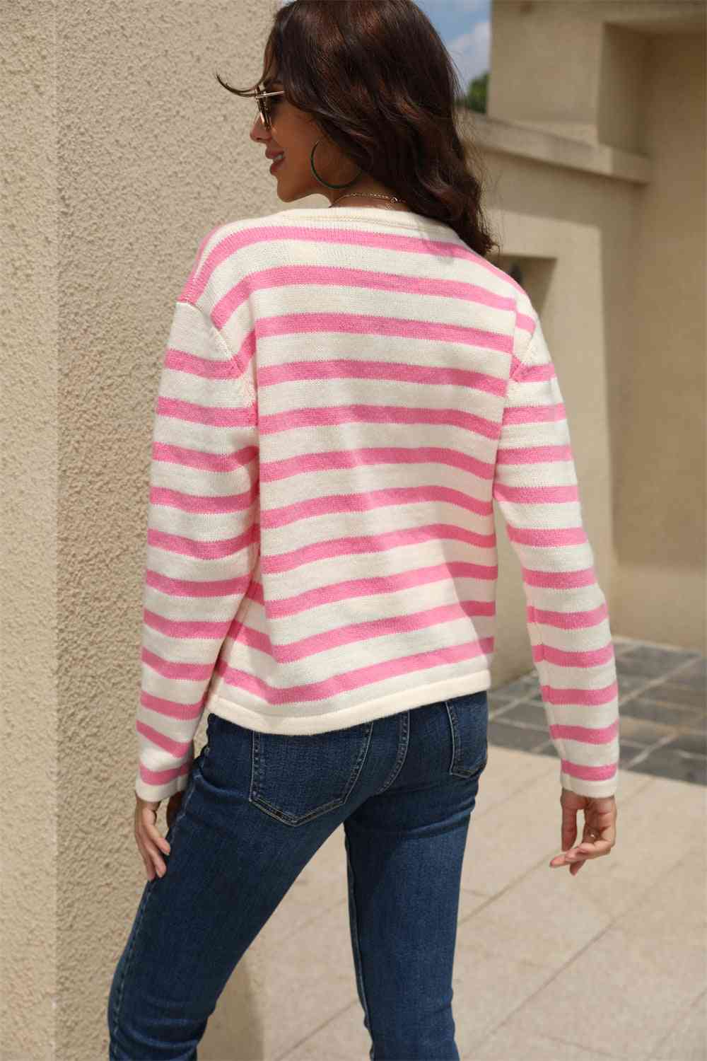 Maxct &Striped Round Neck Button-Down Dropped Shoulder Cardigan