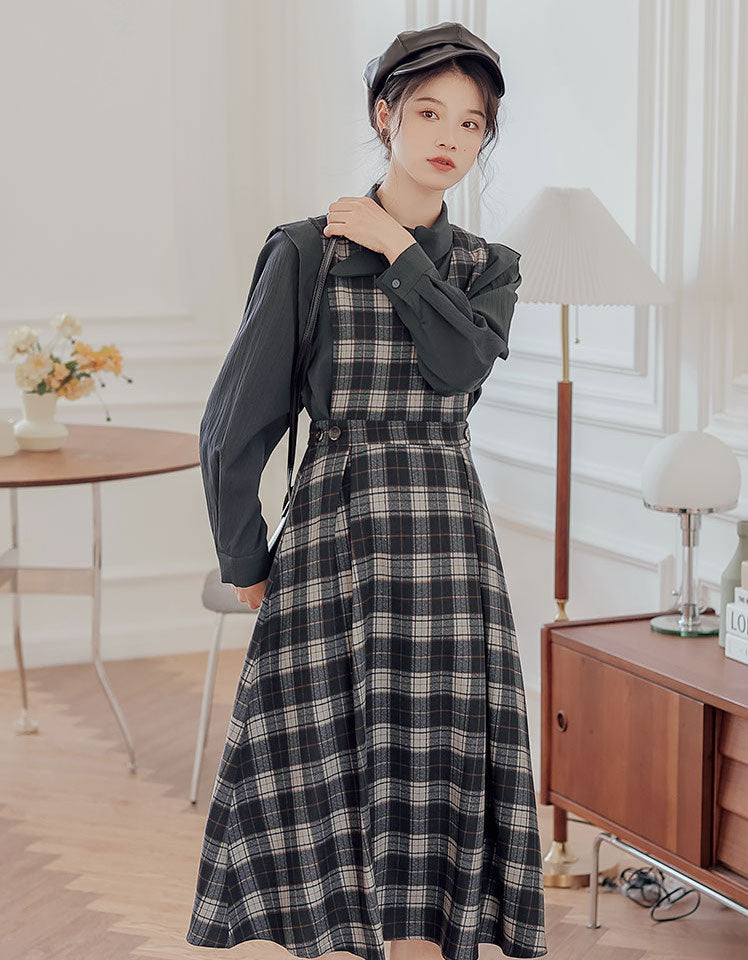 Crepe Plaid Pinafore Dress Set Maxct