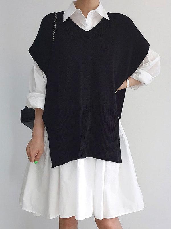 Maxct Split Knit Vest + Lapel Long Sleeve Shirt Dress