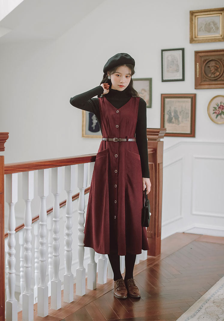 Button Up Suede Pinafore Dress Maxct
