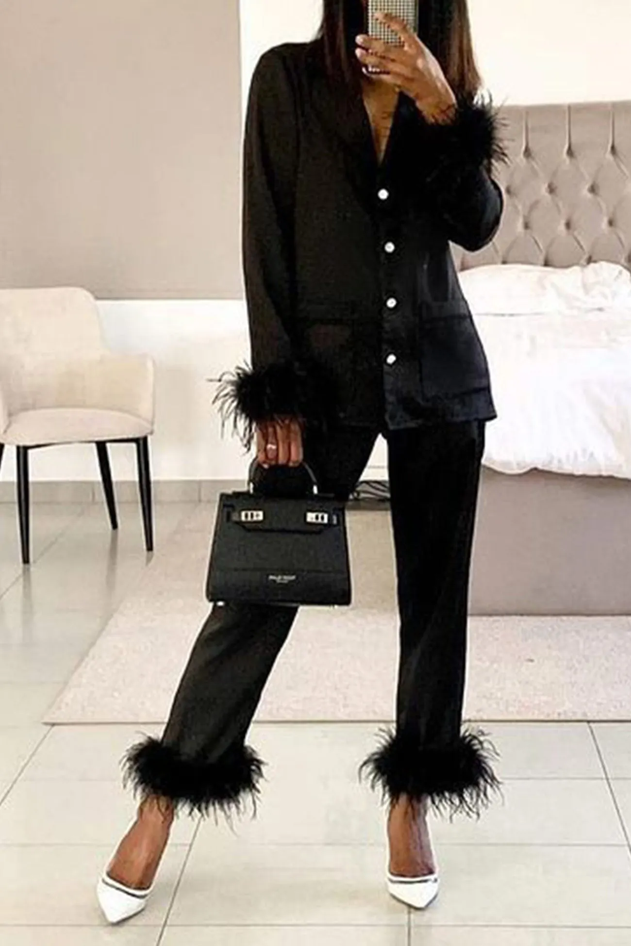 Maxct Lapel Feather Hem Two-piece Pants Set