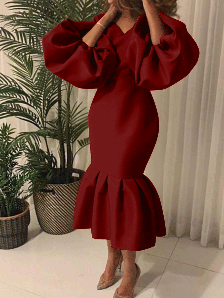 Lantern Sleeve Midi Fishtail Dress Maxct