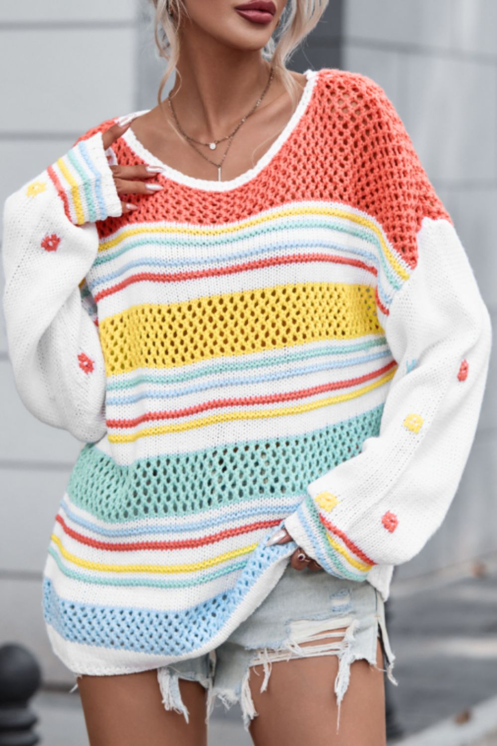 Maxct &Hollow Striped Color Block Round Neck Sweater