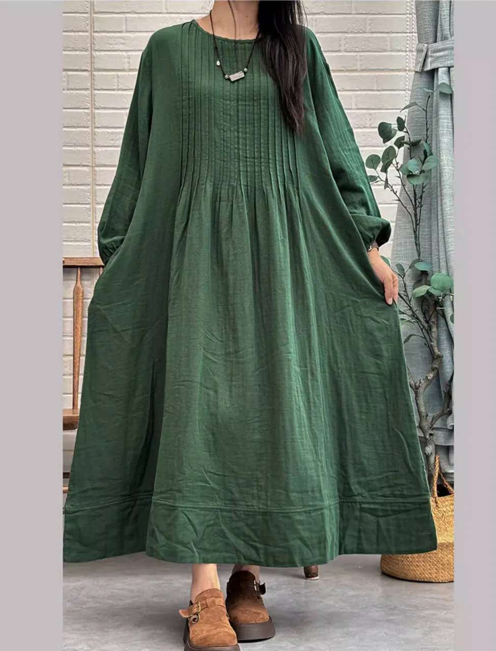 Solid Color Cotton Plus Size Loose Long Sleeves Dress