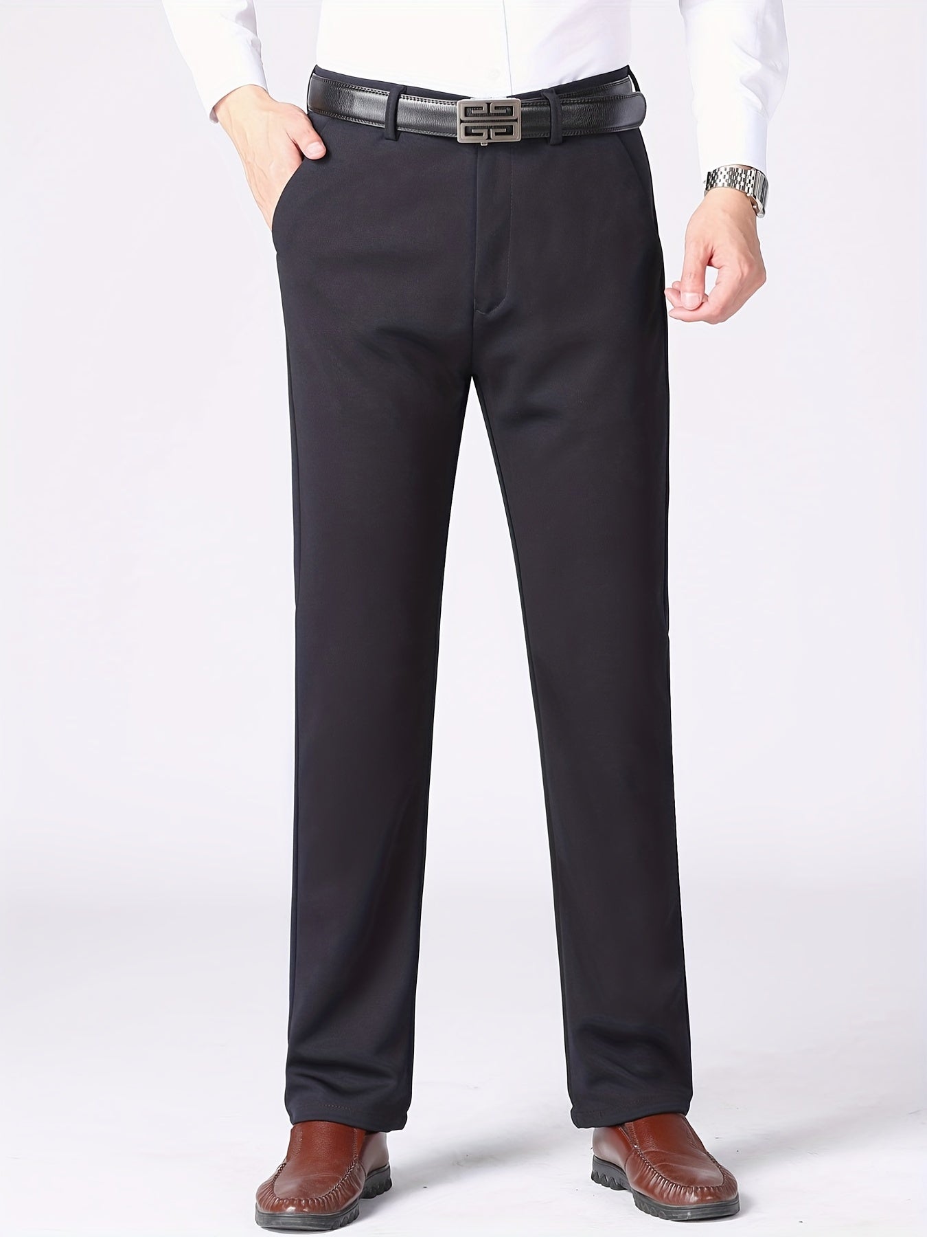 Maxct  Classic Design Dress Pants, Men's Casual Solid Color Slightly Stretch Dress Pants For Spring Summer Business