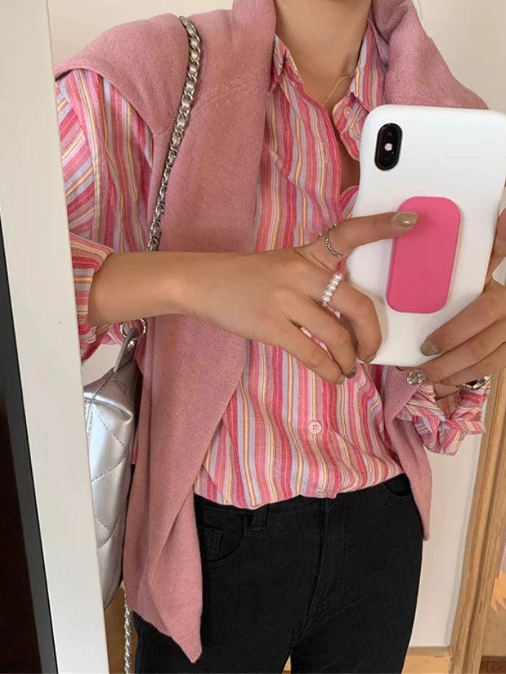Maxct Contrast Color Striped Long Sleeve Blouse