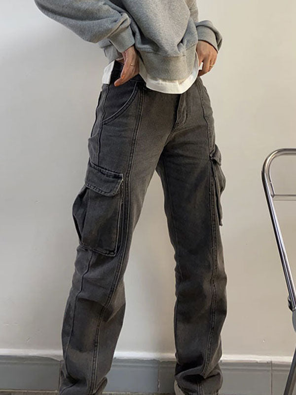 Washed Mid Waist Pocket Cargo Jeans Maxct