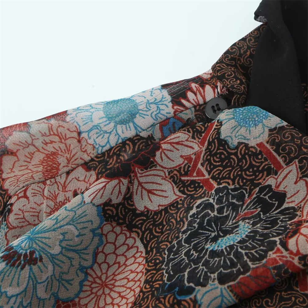 Autumn New Women's Fashion Style Ribbon Decoration Round Neck Long Sleeve Flower Printed Shirt Top