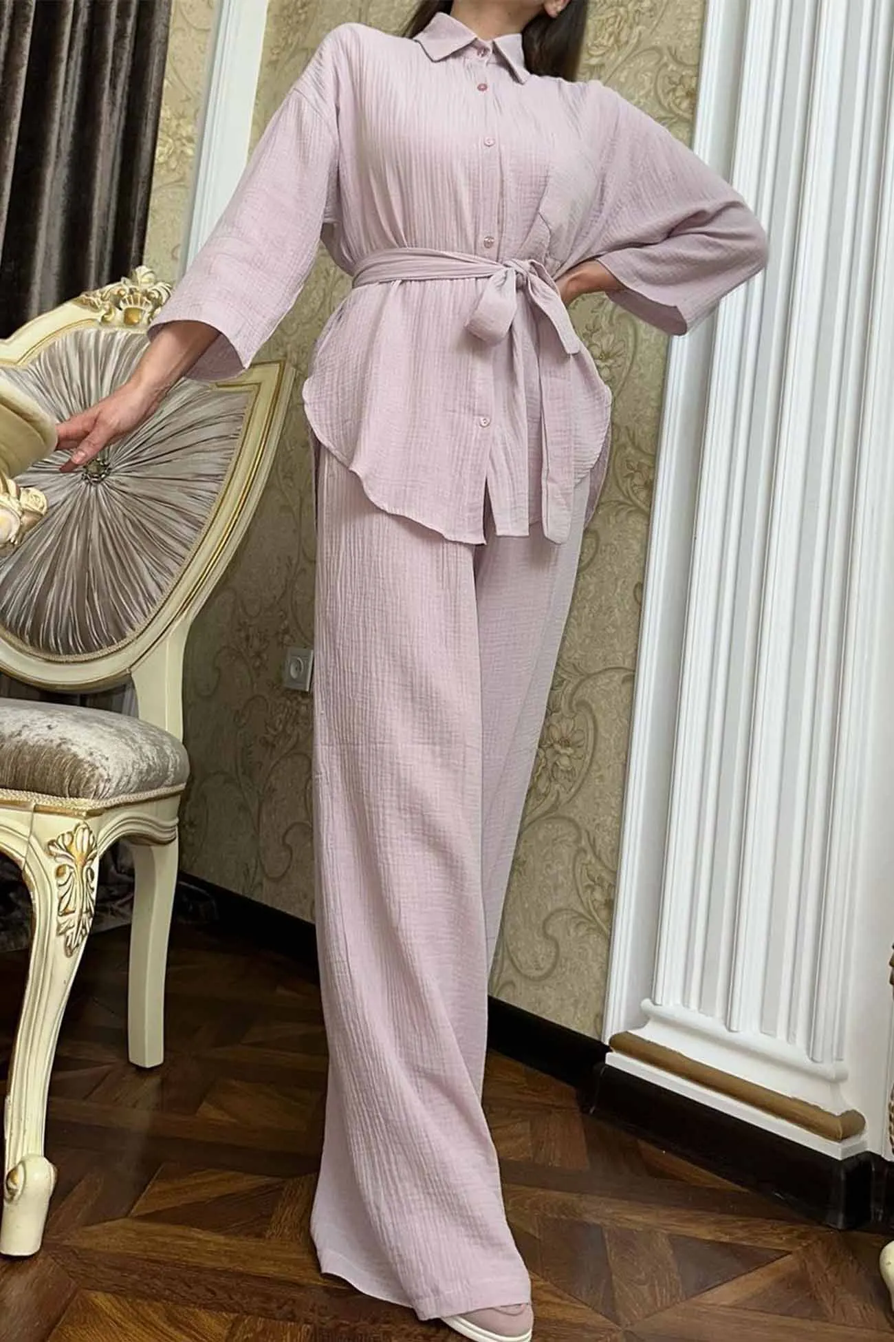 Maxct Button Belt Wide Leg Pants Two-piece Set