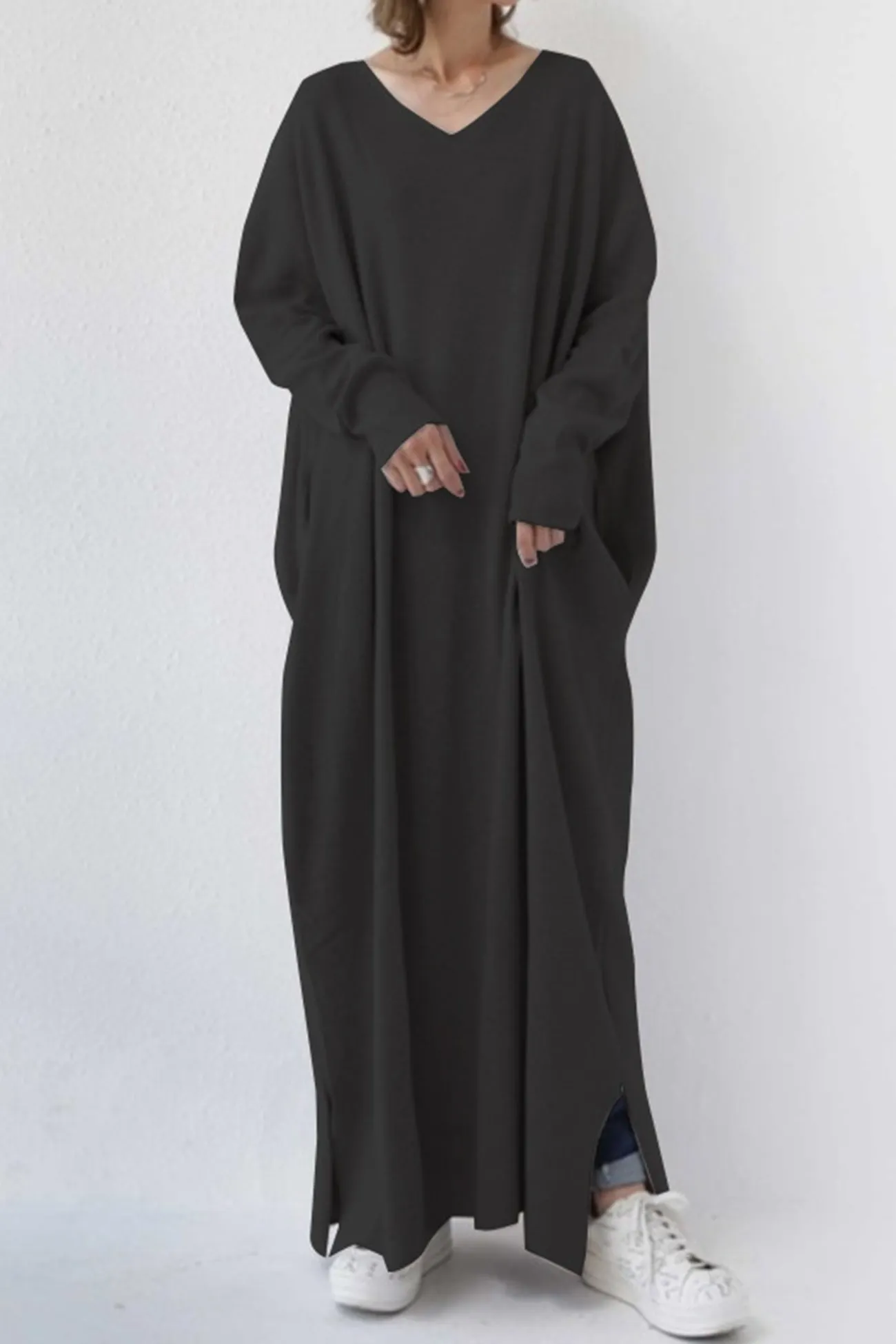 Maxct V Neck Slit Hem Sweatshirt Dress