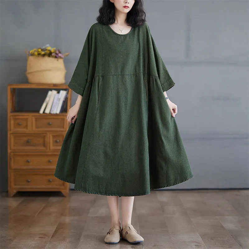 Maxct Women Autumn Retro Spliced A- Line Denim Dress