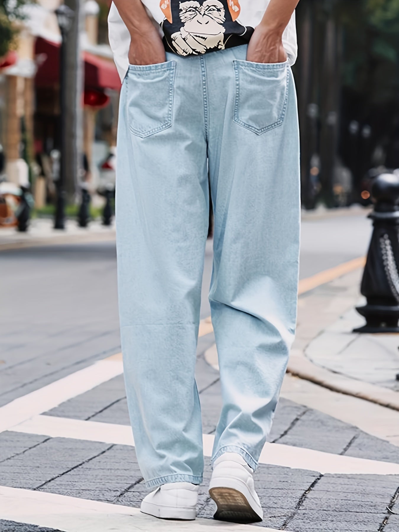 Maxct  Trendy Casual Men's Solid Color Loose Denim Jeans With Pockets, Men's Outfits