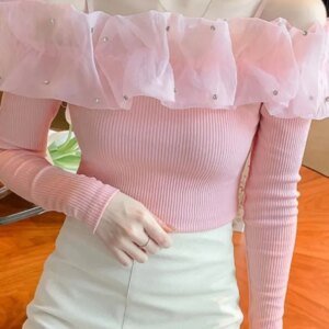 Maxct Neck T Shirts Girls Patched Beading Ruffles Stretch Tshirt Top Women Spring Summer Slim Tees