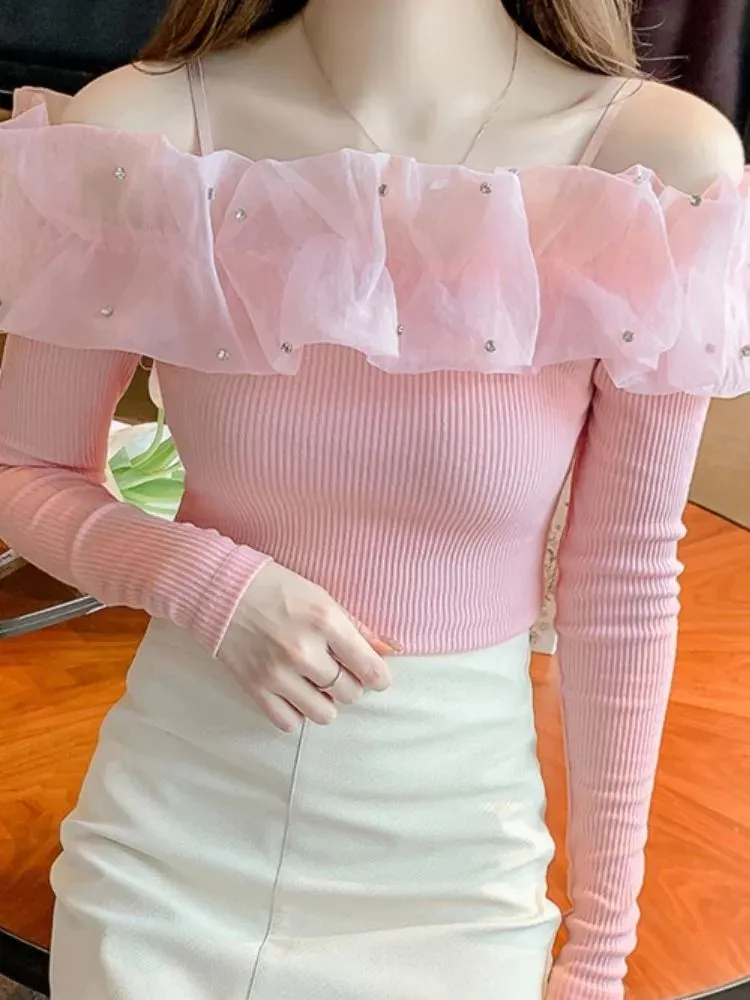 Maxct Neck T Shirts Girls Patched Beading Ruffles Stretch Tshirt Top Women Spring Summer Slim Tees