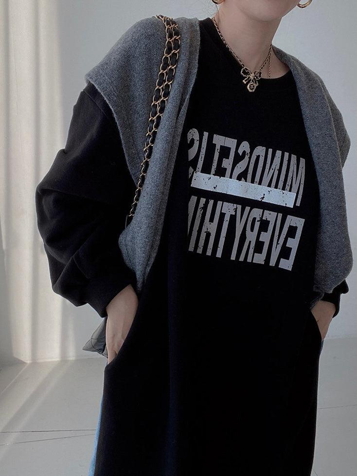 Maxct Simple Letter Print Denim Splt-joint Long Sleeve Sweatshirt Dress
