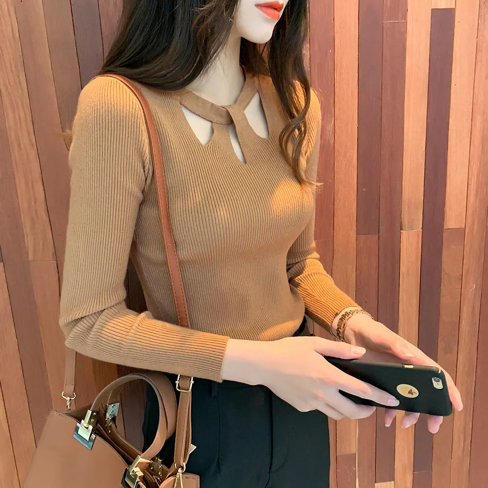 Maxct Winter Hollow Out Sexy Solid Sweater Ladies Elegant Fashion Slim Bottoming Knitting Pullover Tops Women Casual Jumper
