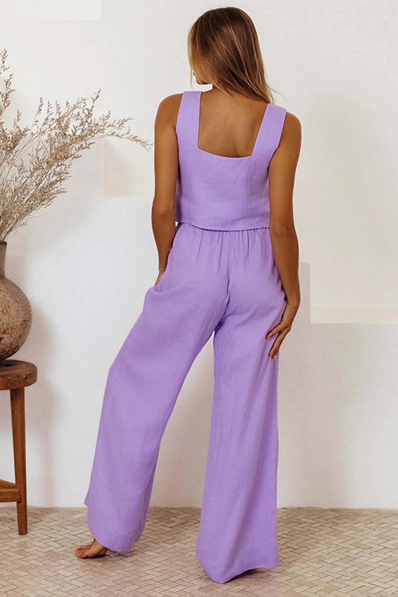 Maxct Cotton Waist-Tie Square Neck Pants Set