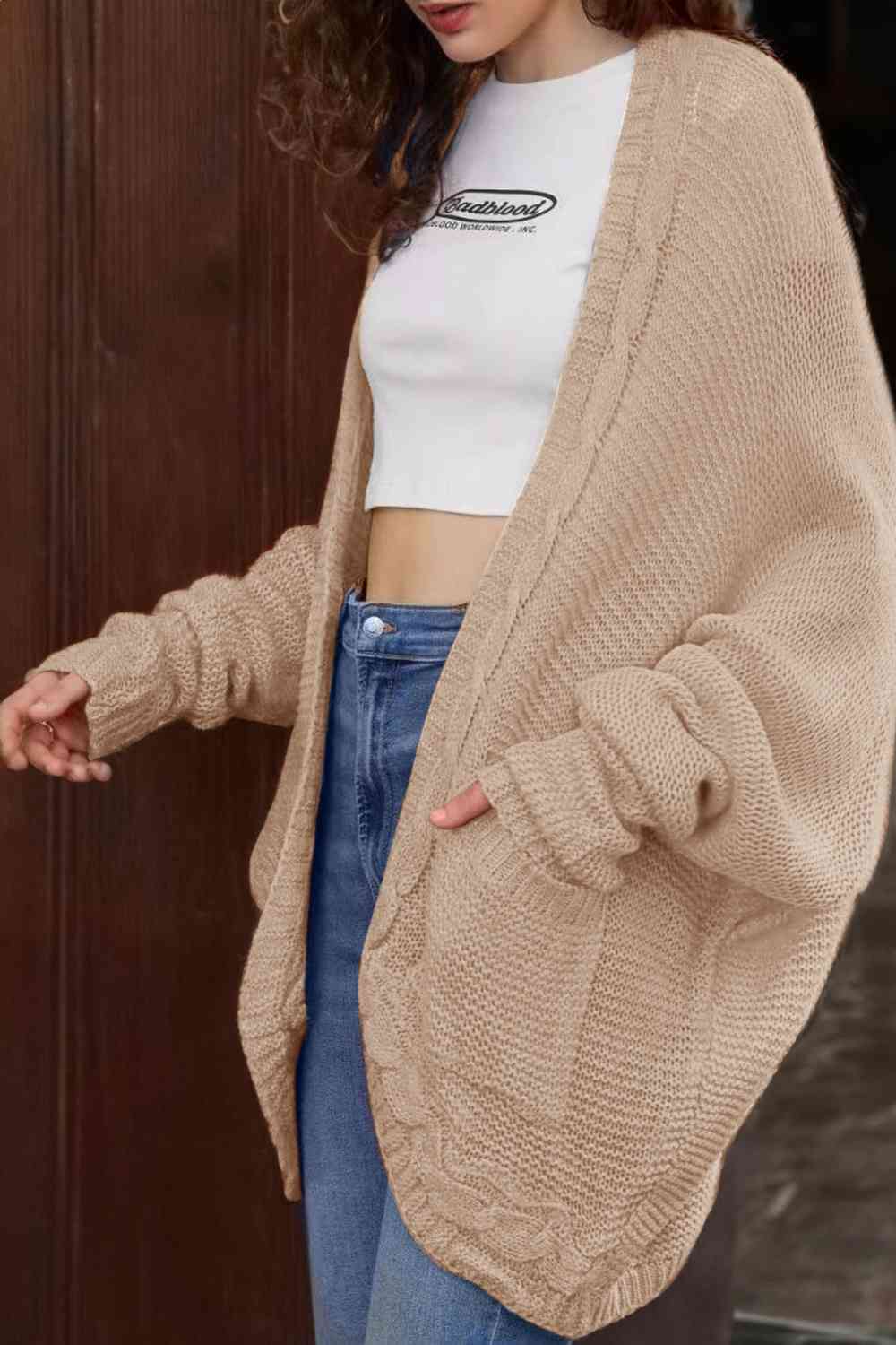 Maxct &Cable-Knit Open Front Cardigan with Pockets