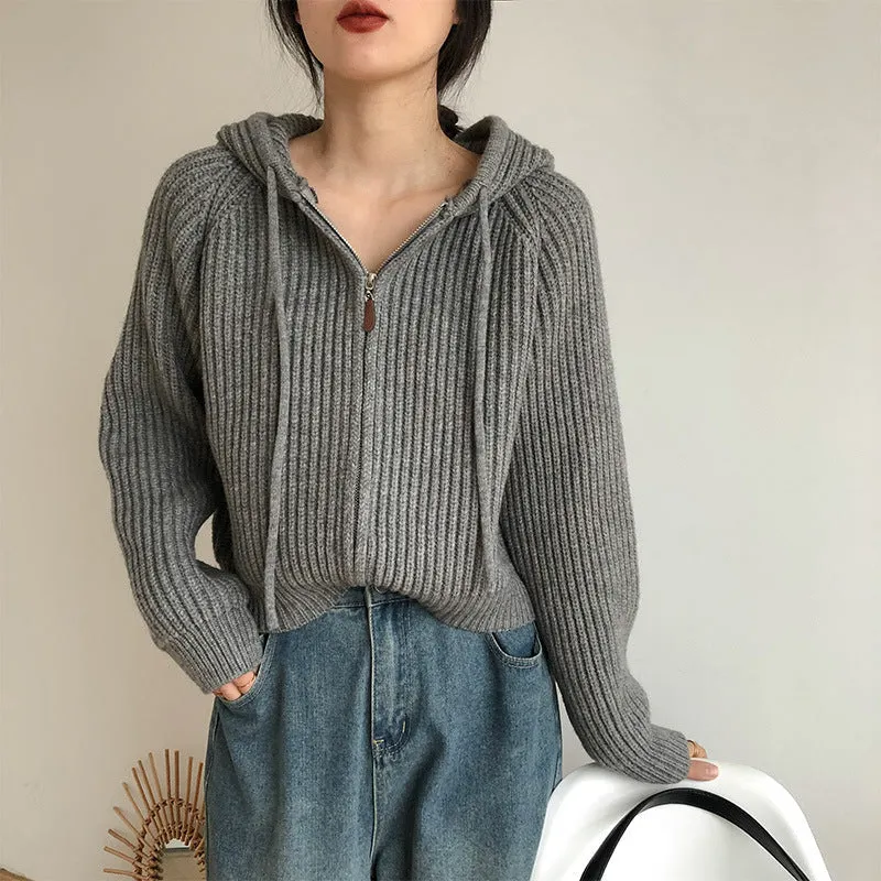 Maxct Vintage Zip Up Knitted Hooded Cardigan