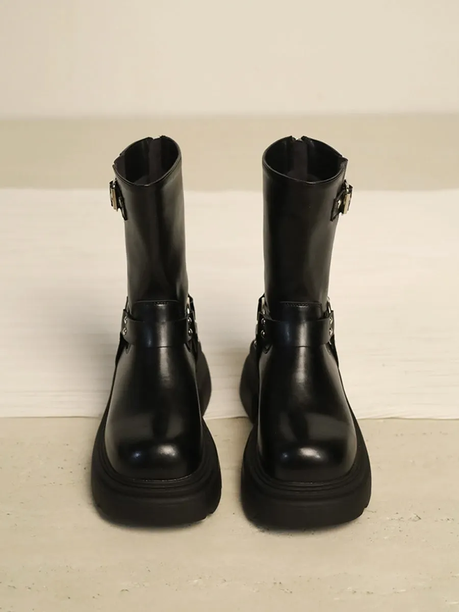 Western Buckle Straps Chunky Heeled Side Zip Boots Maxct
