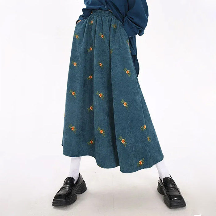 Floral Embroidery Corduroy Skirt Maxct