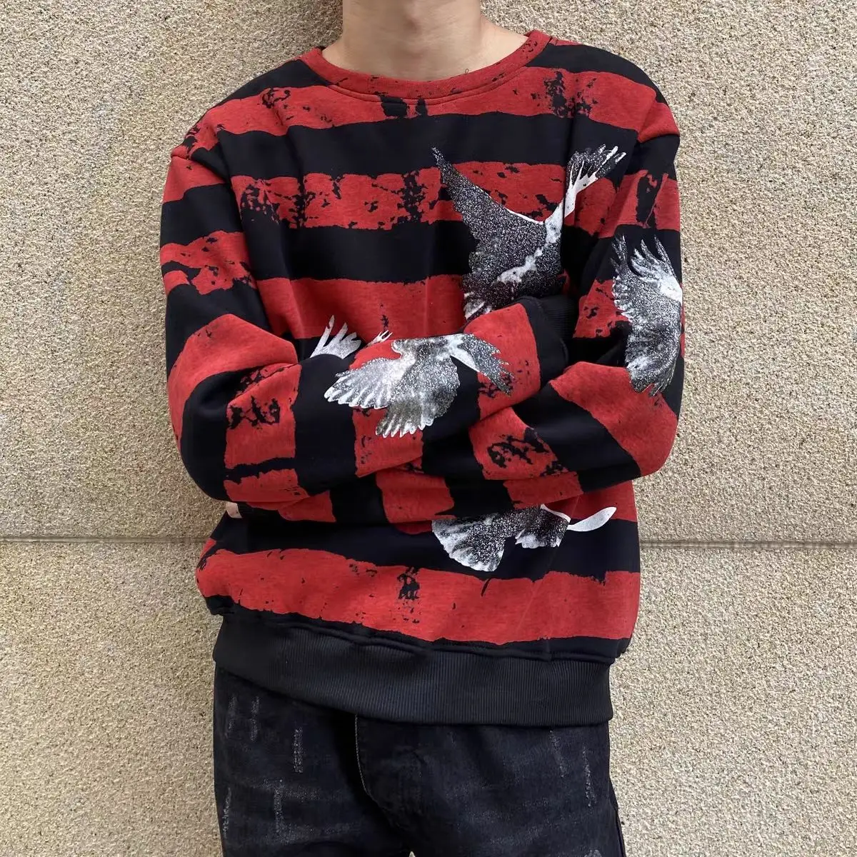 Maxct High street-inspired pigeon-print long-sleeved pullovers sweatshirts men women street tie-dye stripe panels versatile harajuku