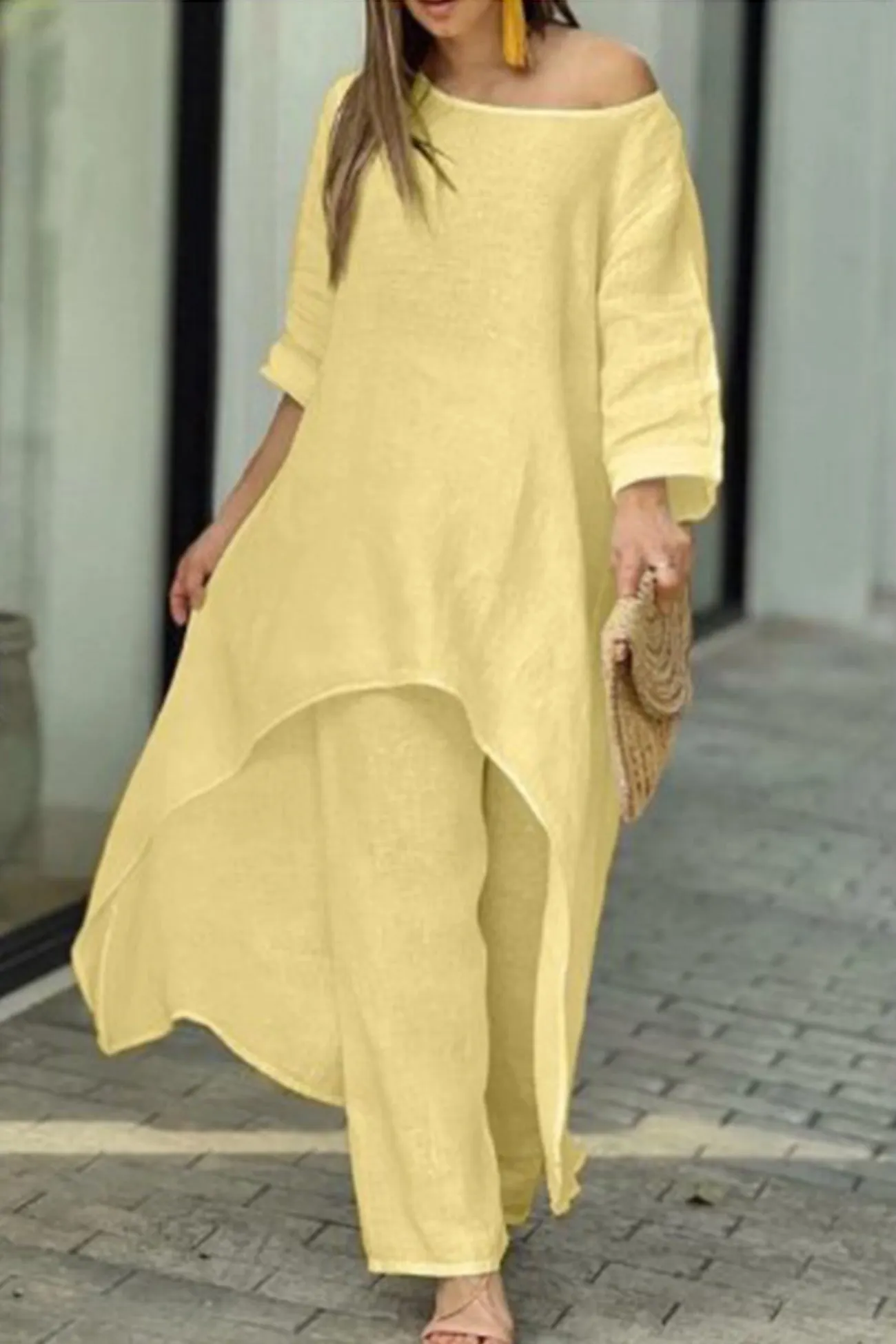 Maxct Cotton Drop Shoulder Irregular Tops Pants Set