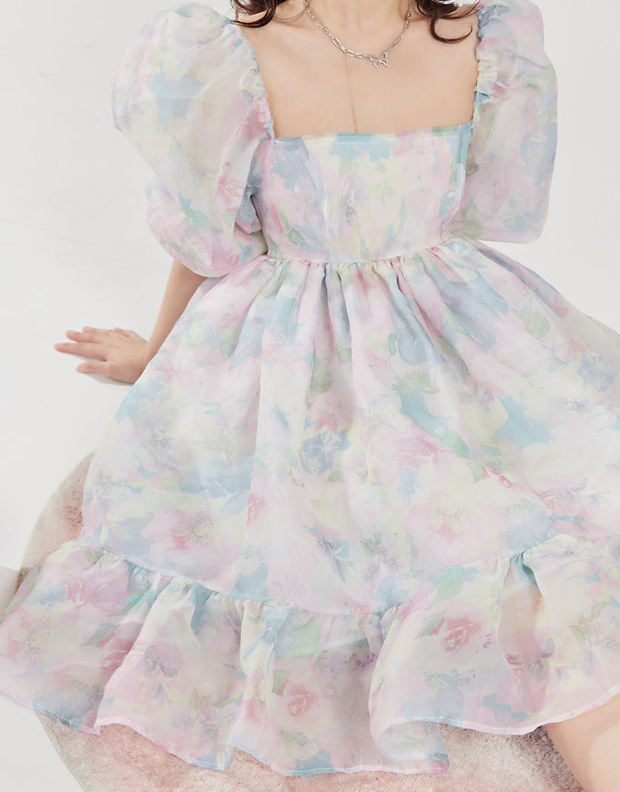 Watercolor Floral Puff Dress Maxct