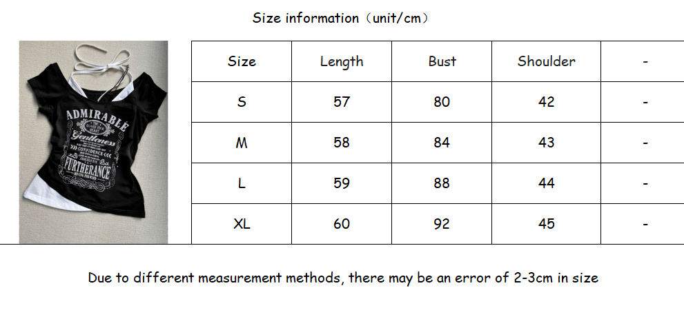 American Black Fake Two-piece Halter Neck Letter Print T-shirt Fashion Street Hot Girl Sexy Slim Off Shoulder Millennium Y2K Top