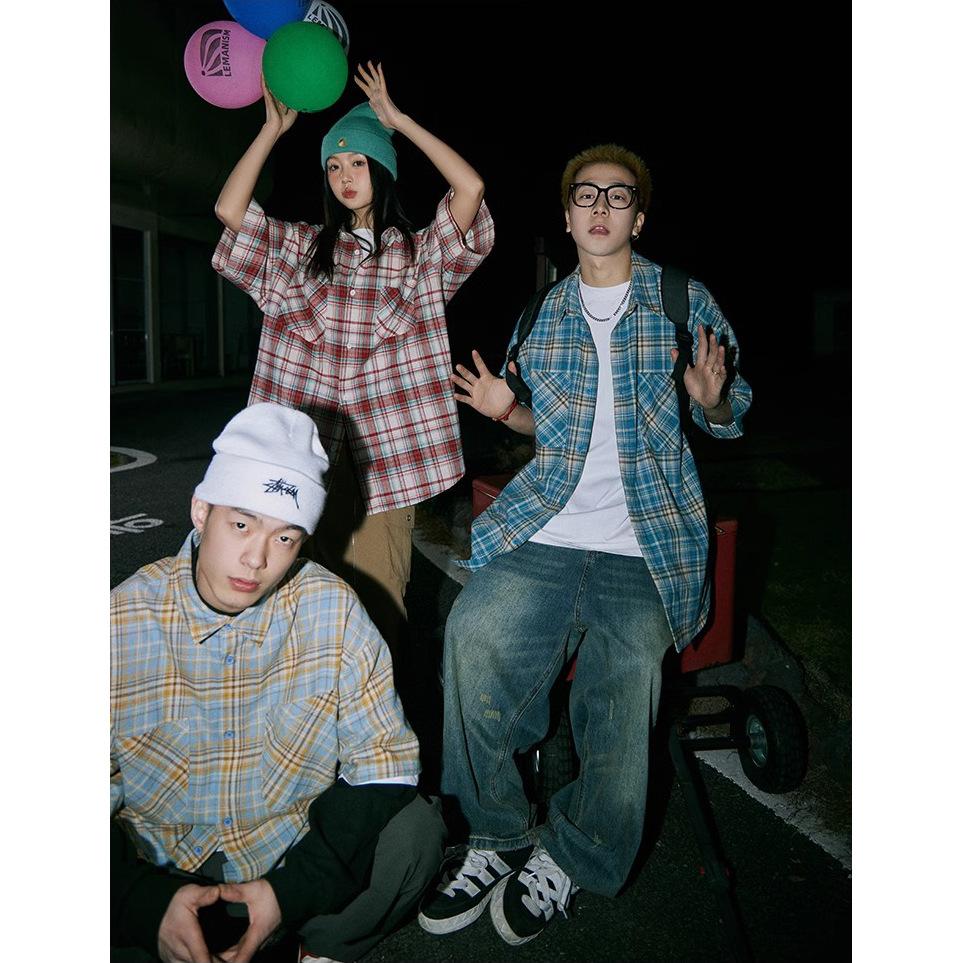 Maxct 90s Streetwear Japanese Niche Plaid Short-sleeved Shirt Men's Summer New Loose Trendy Brand All-match Shirt Couple's Coat Top