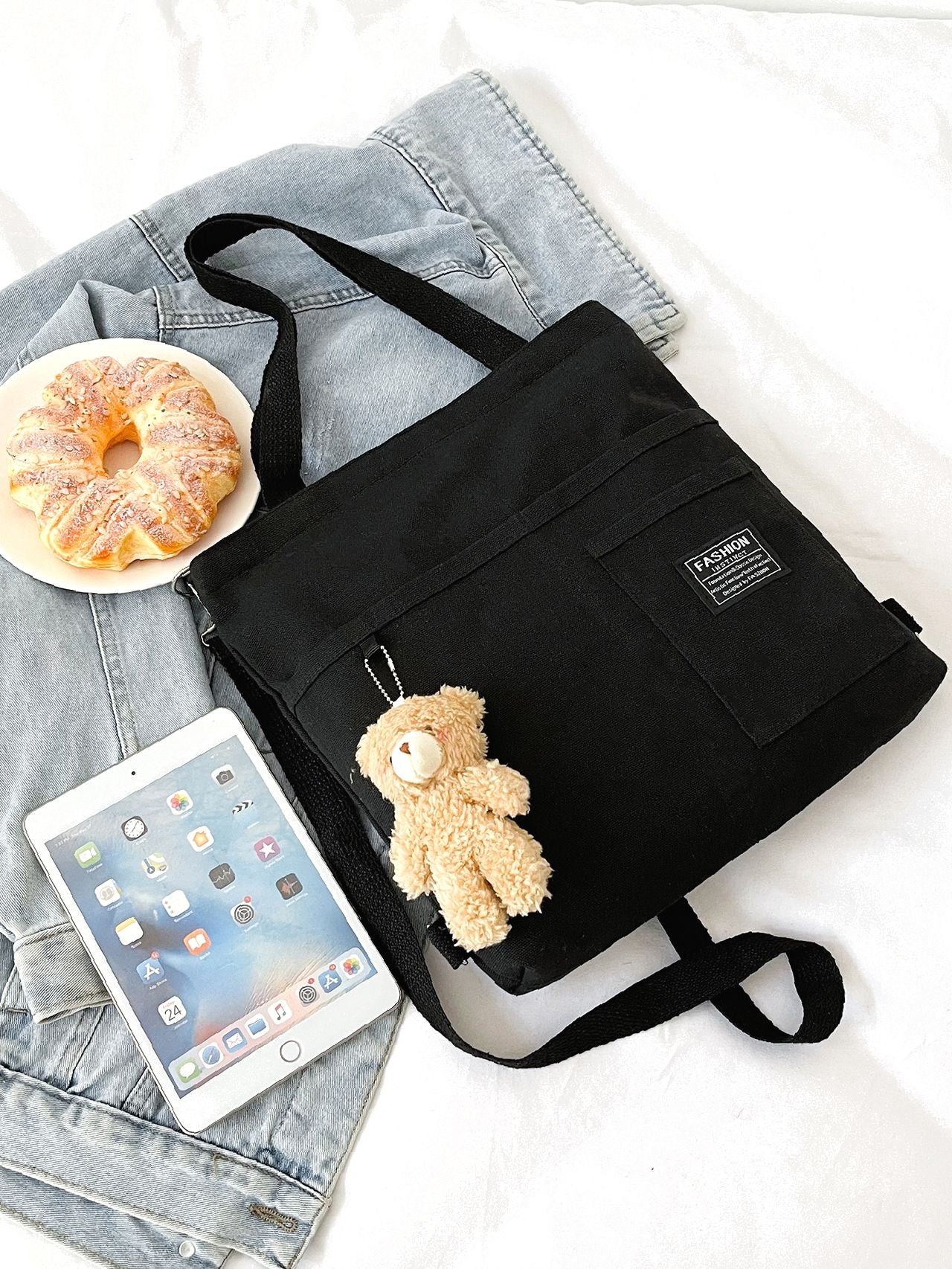 Maxct - Letter Graphic Shopper Bag with Bag Charm  - Women Tote Bags